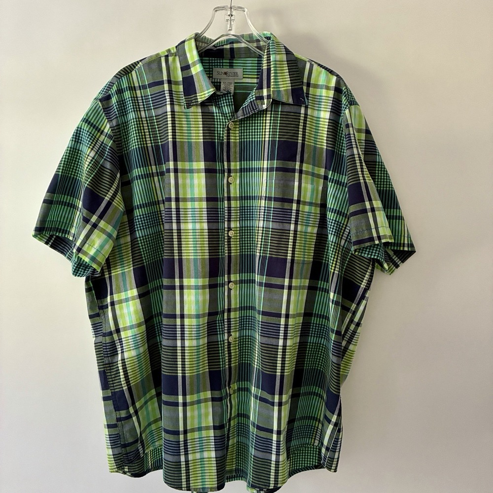 Sun River Clothing Men XXL Short Sleeve Shirt Button Down Green Plaid Travel Dad